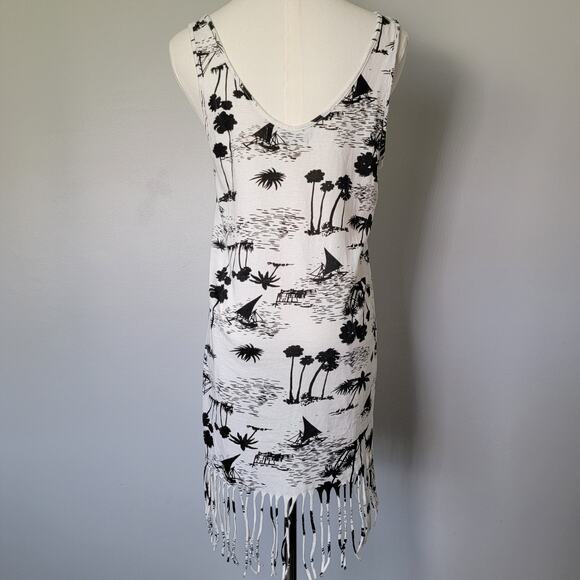 Lagaci Fringe Tank Top Women M Black White Tropical Palms Cover Up Casual Cotton - Picture 4 of 10